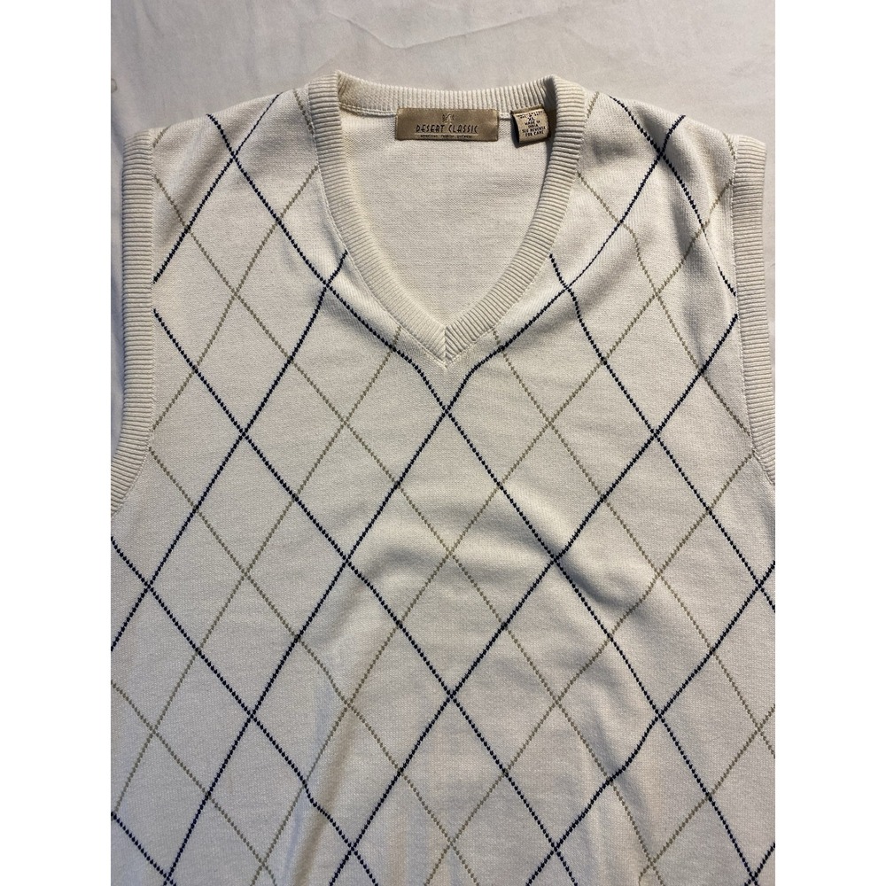 Vintage Men's XL V-neck Sweater Vest White With Argyle Pattern Golf Tennis Prepy
